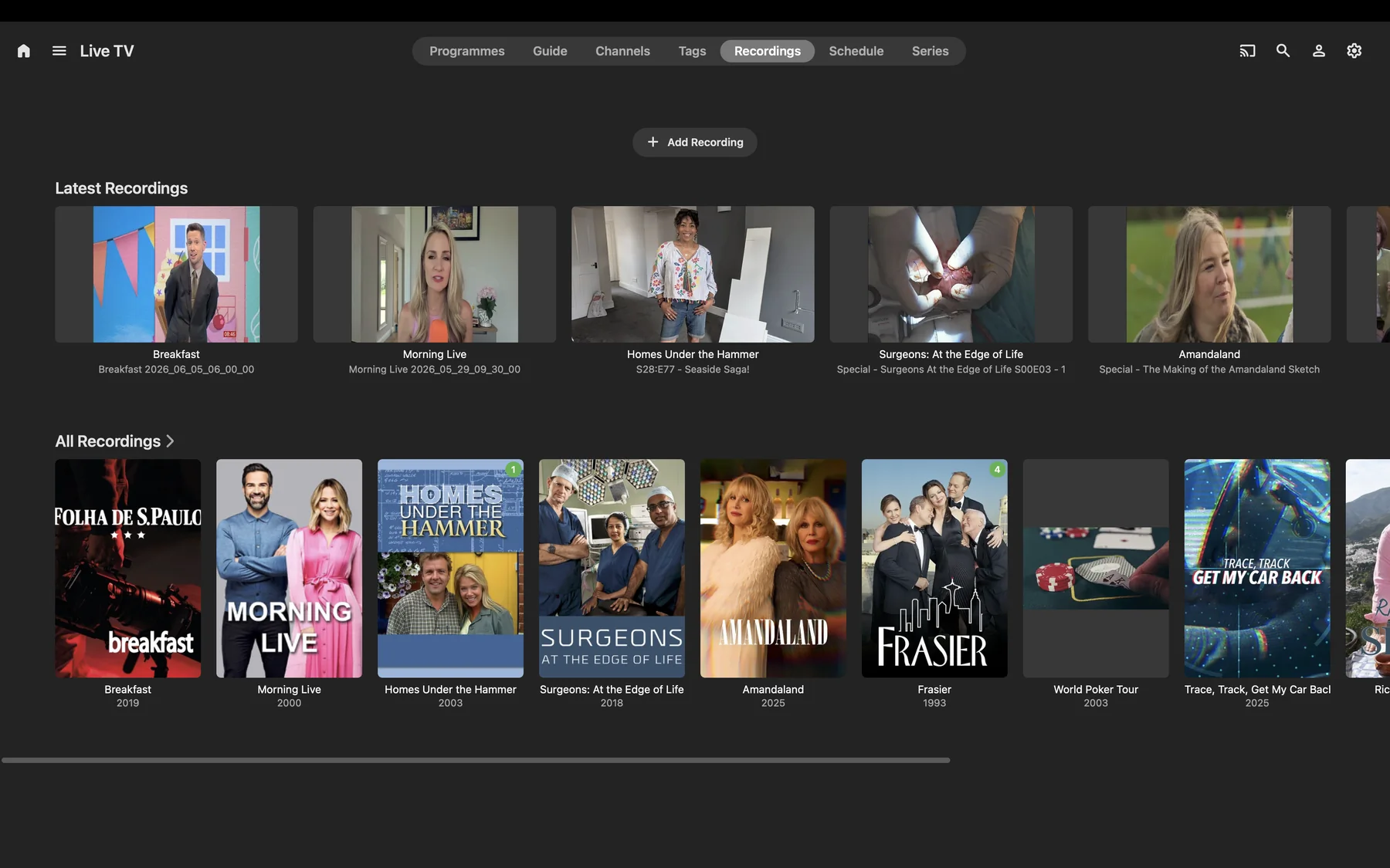 Emby Live TV recordings library
